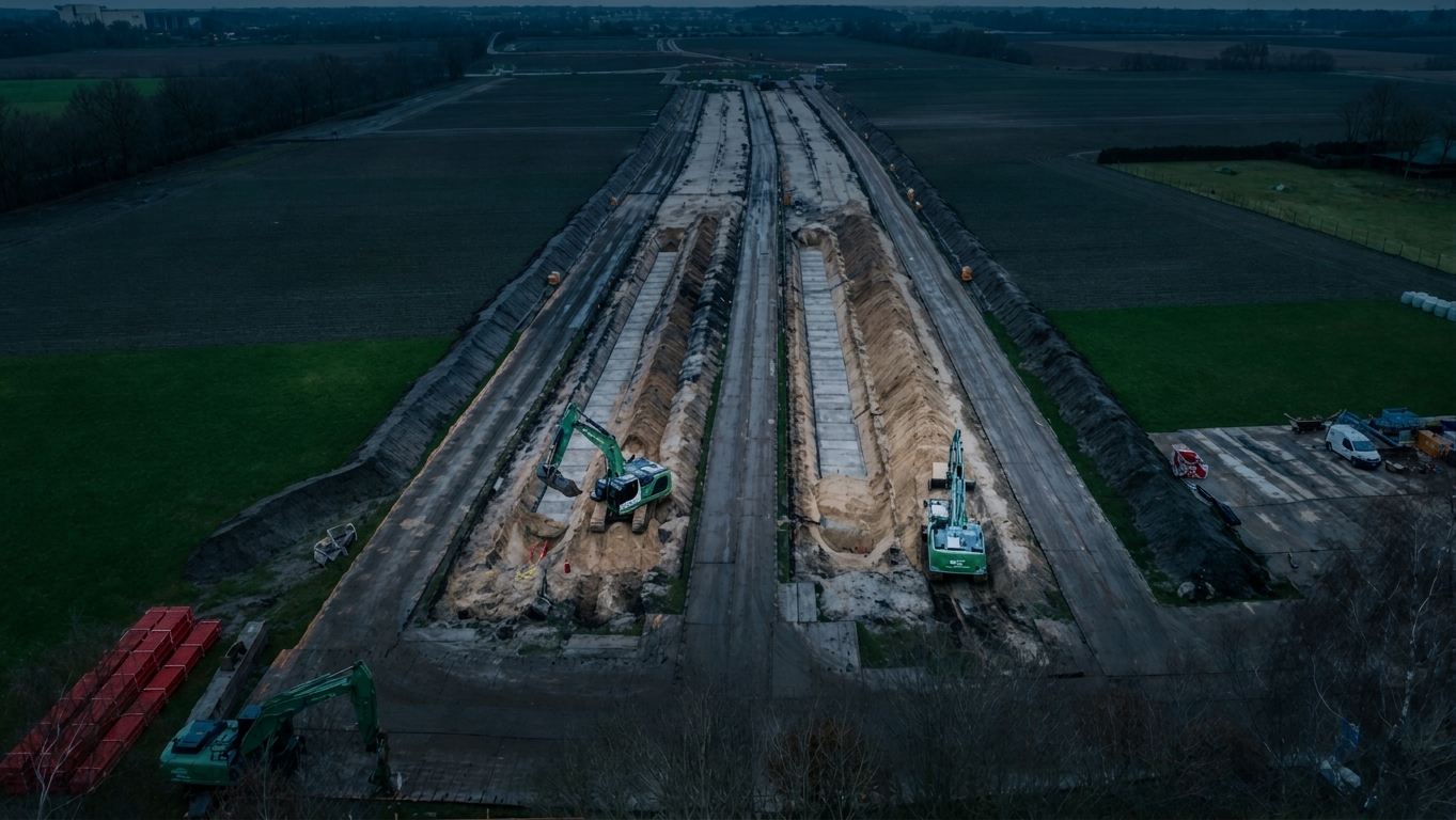 Luftaufnahme einer Baustelle mit Baggern und langen Ausgrabungsgräben inmitten von Feldern